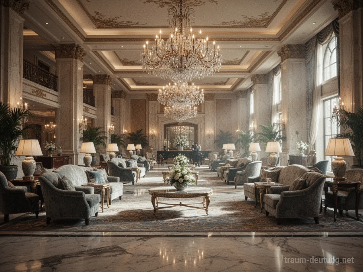 Eingangshalle eines luxuriösen Hotels mit Kronleuchtern und Marmorboden