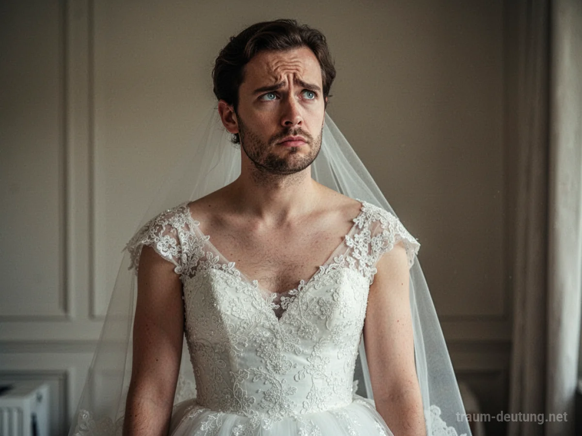 Ein Mann trägt ein Hochzeitskleid in einem hellen Raum.