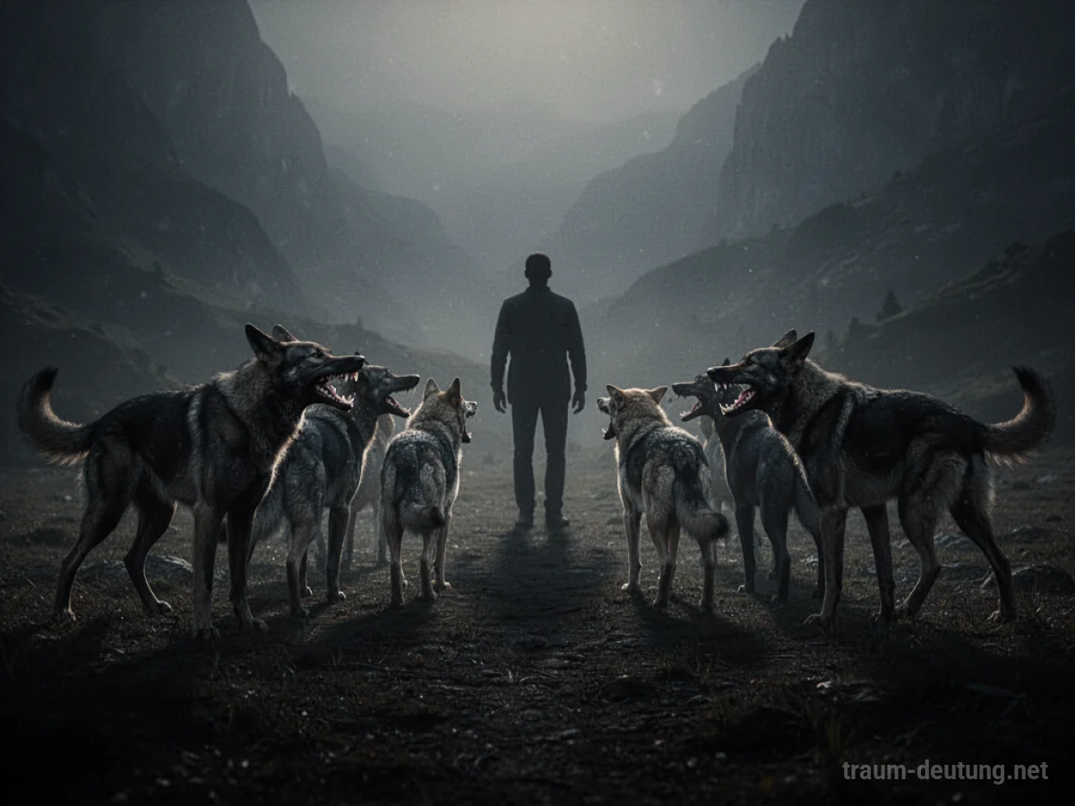 Schattenhafte Hunde nähern sich einer menschlichen Silhouette in einer dunklen Landschaft.
