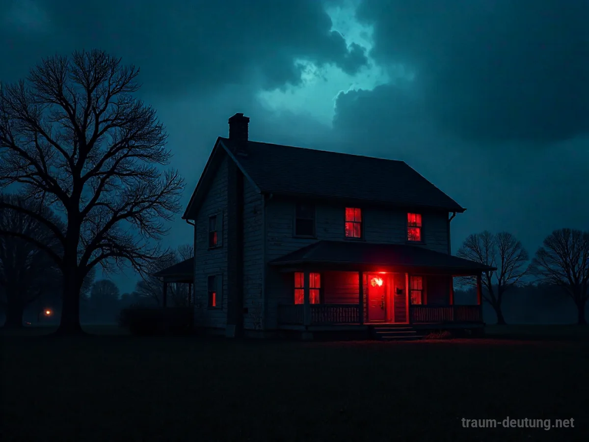 Haus mit bedrohlichem roten Licht im Inneren bei Nacht