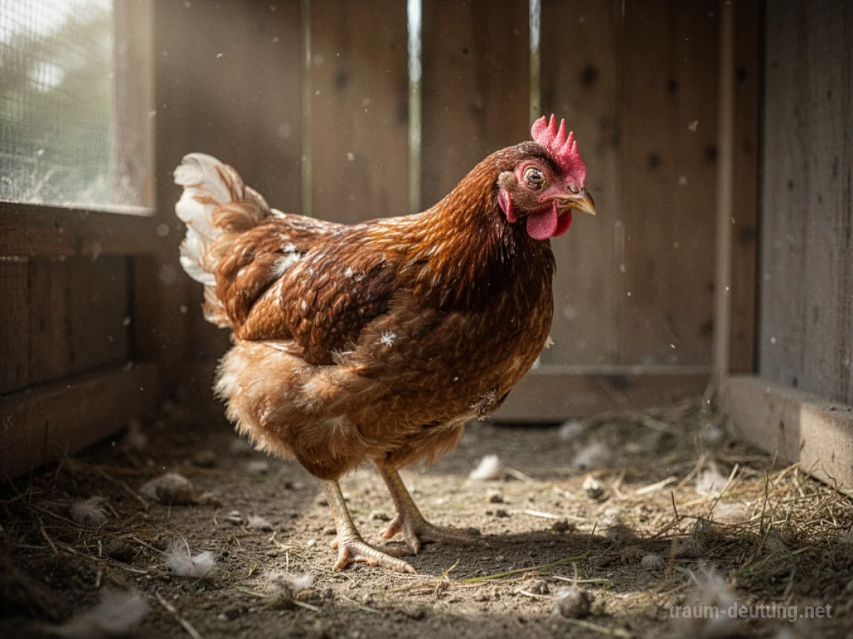 Ein krankes Huhn in einem einfachen Stall, das schwach aussieht.