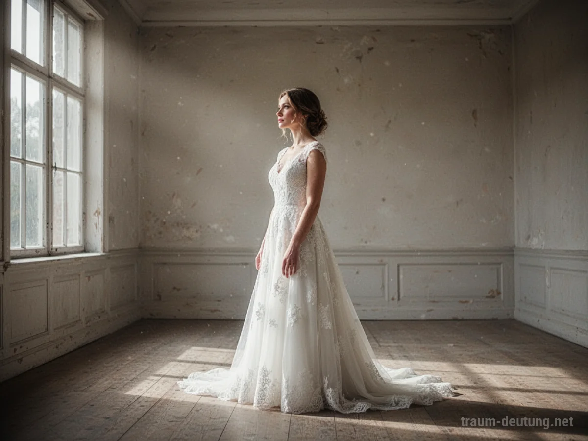Frau im Hochzeitskleid steht allein in einem hellen Raum und blickt nachdenklich in die Ferne.