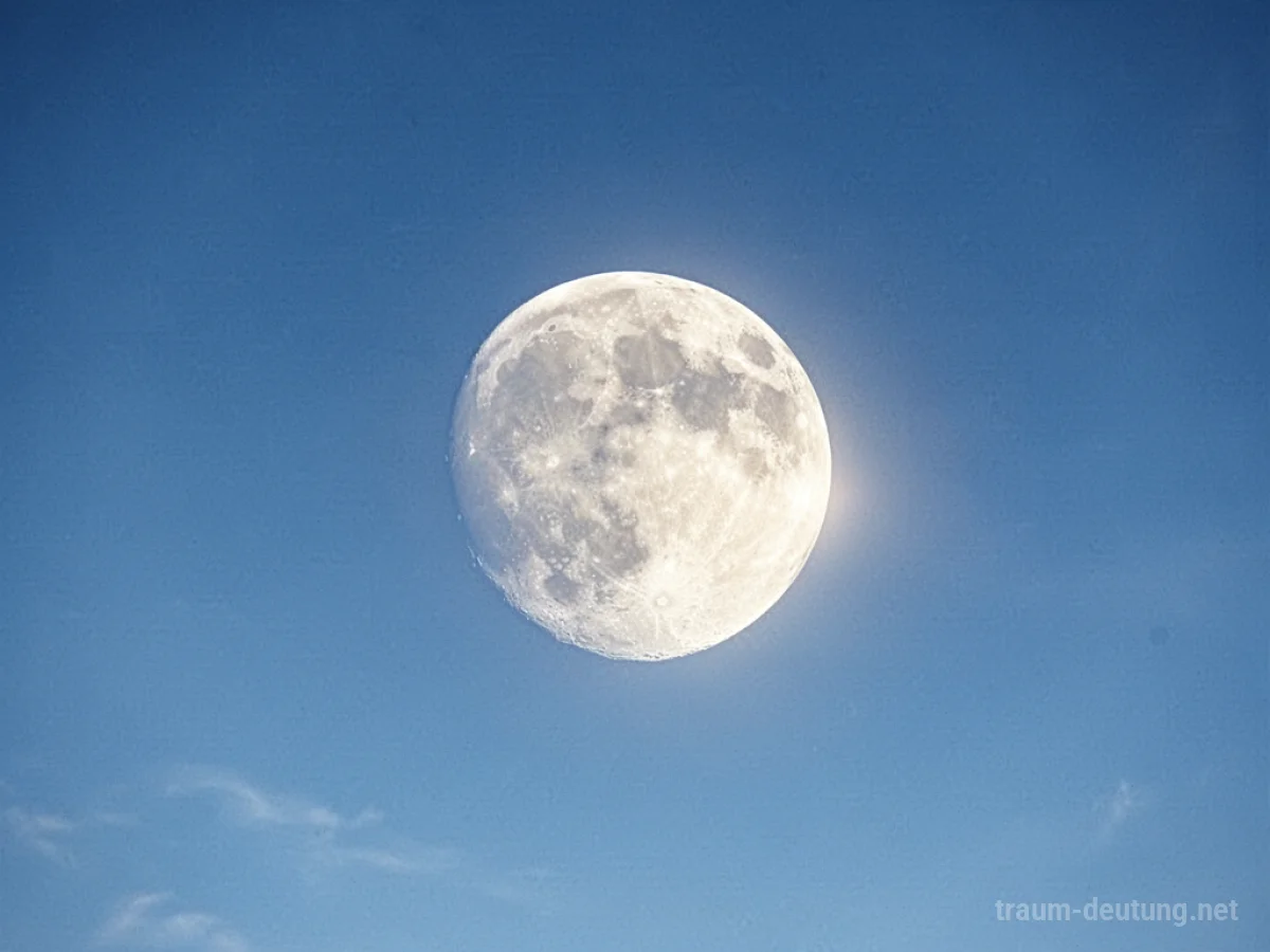 Ein heller Vollmond am strahlend blauen Taghimmel.