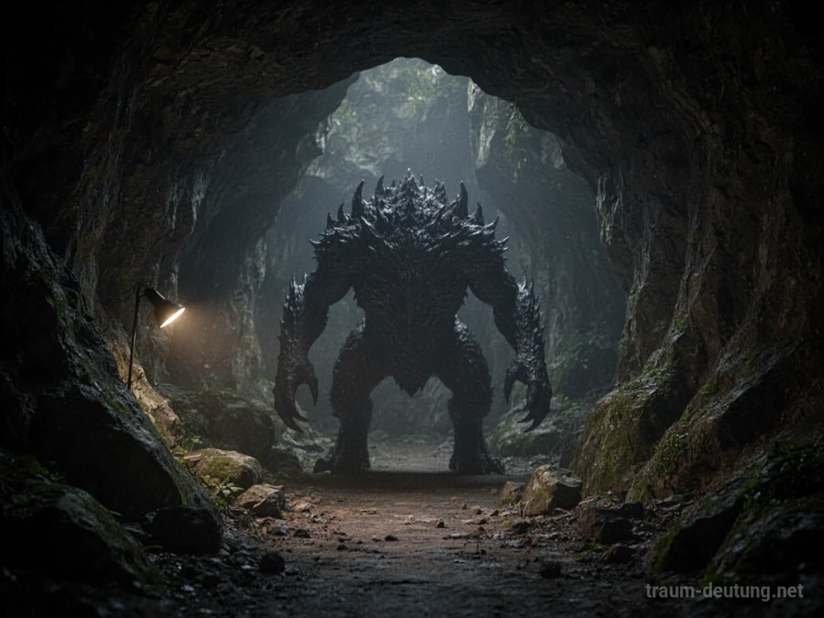 Schattenhafte Gestalt eines Monsters in einer dunklen Höhle