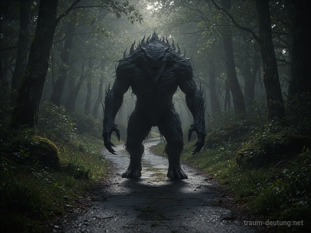 Ein dunkler Pfad wird von einer schattenhaften Monsterfigur versperrt.