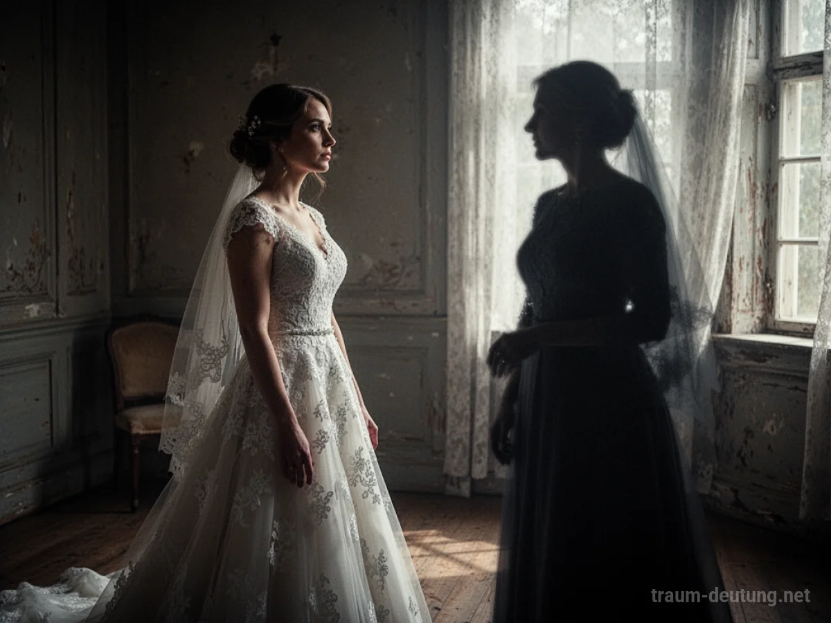 Frau in einem Hochzeitskleid steht im Dunkeln, eine Mutterfigur im Schatten.
