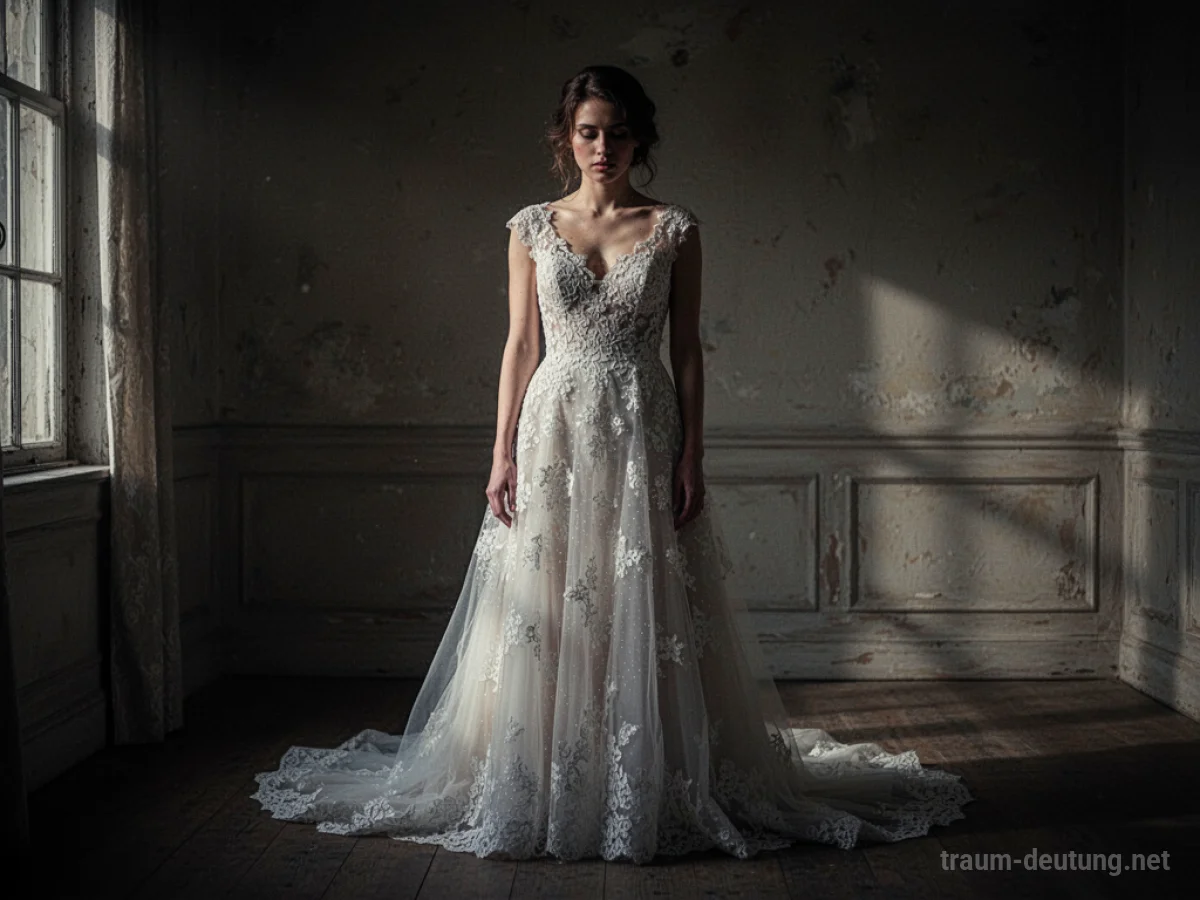 Frau im Hochzeitskleid steht nackt in einem Raum