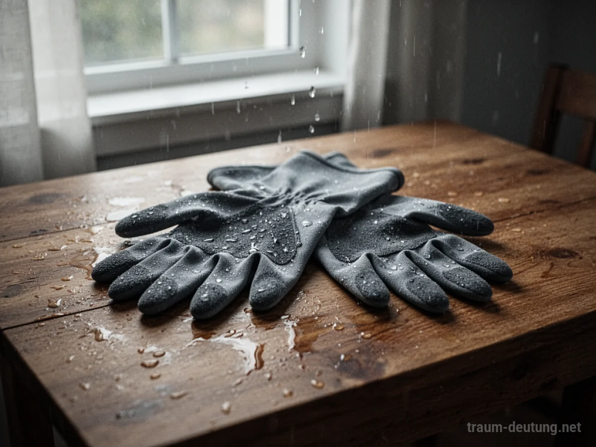 Nasse Handschuhe liegen auf einem Holztisch.