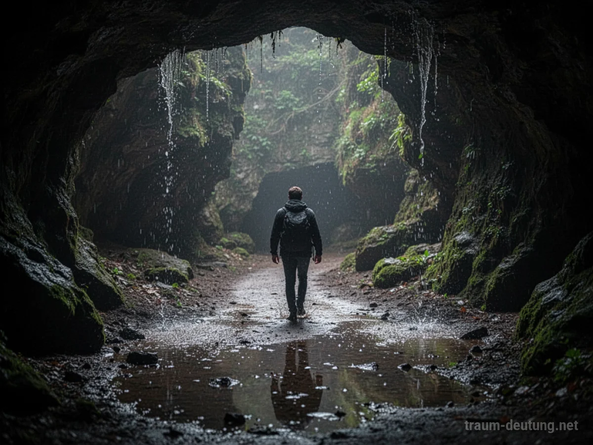 Person durchquert eine dunkle, nasse Höhle mit Tropfen von der Decke.