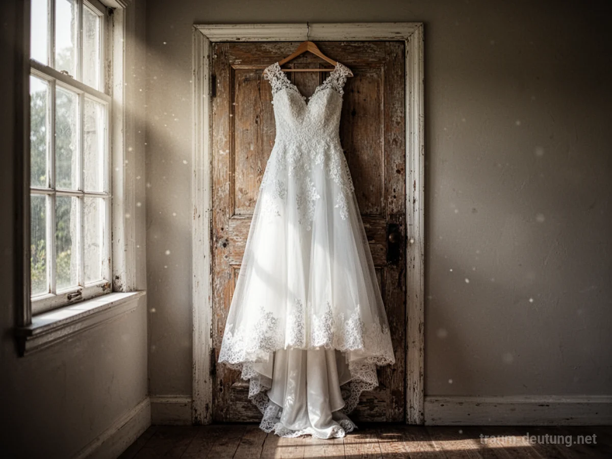 Ein makelloses weißes Hochzeitskleid hängt an einer alten Holztür.