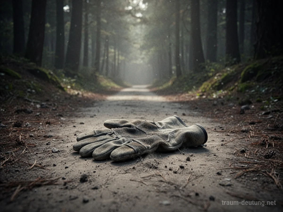 Ein einzelner Handschuh liegt auf einem staubigen Weg im Wald.