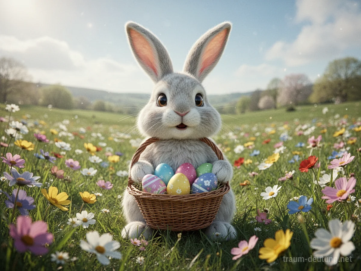 Ein freundlicher Osterhase mit einem Korb bunter Eier in einer Frühlingswiese.