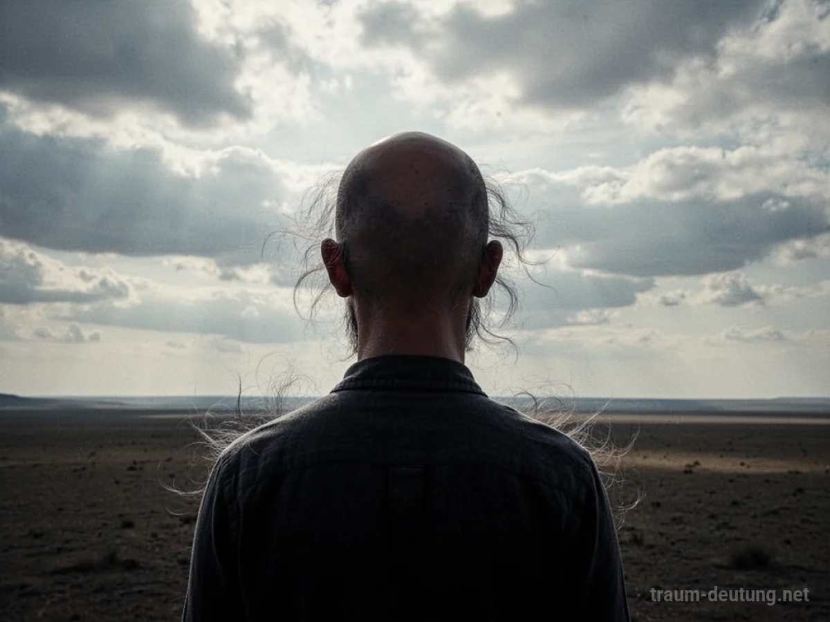 Silhouette einer Person mit Glatze in einer weiten, leeren Landschaft.