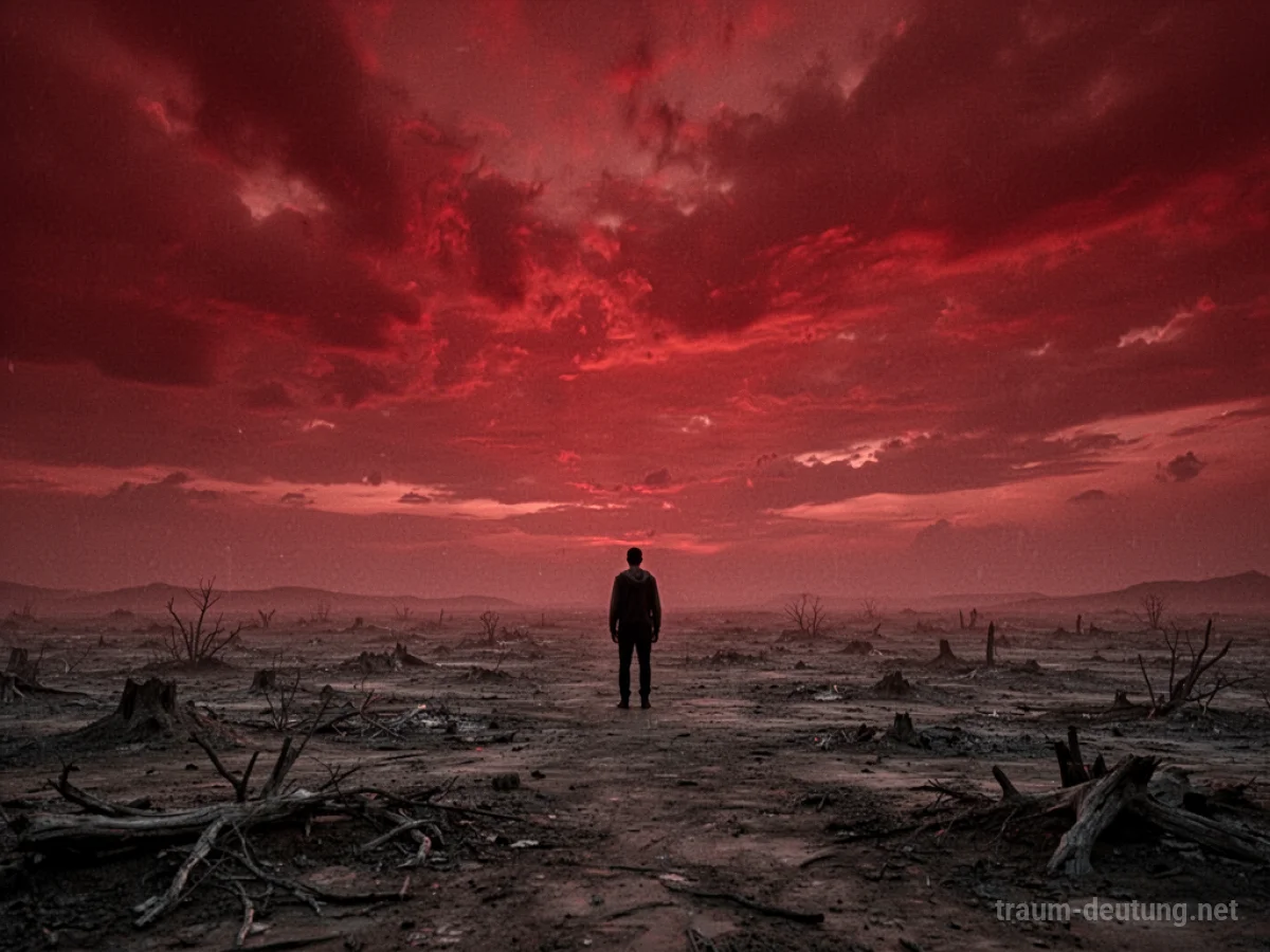 Roter Himmel über einer einsamen Landschaft mit einer Silhouette.
