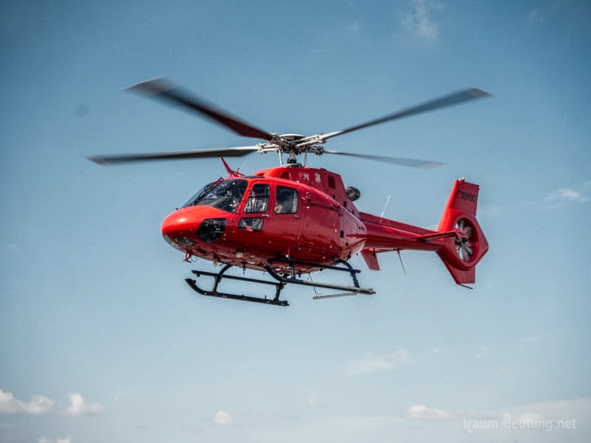 Ein roter Hubschrauber schwebt im blauen Himmel.