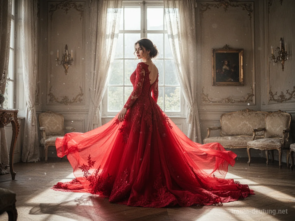 Eine Frau in einem roten Hochzeitskleid steht in einem hellen Raum.