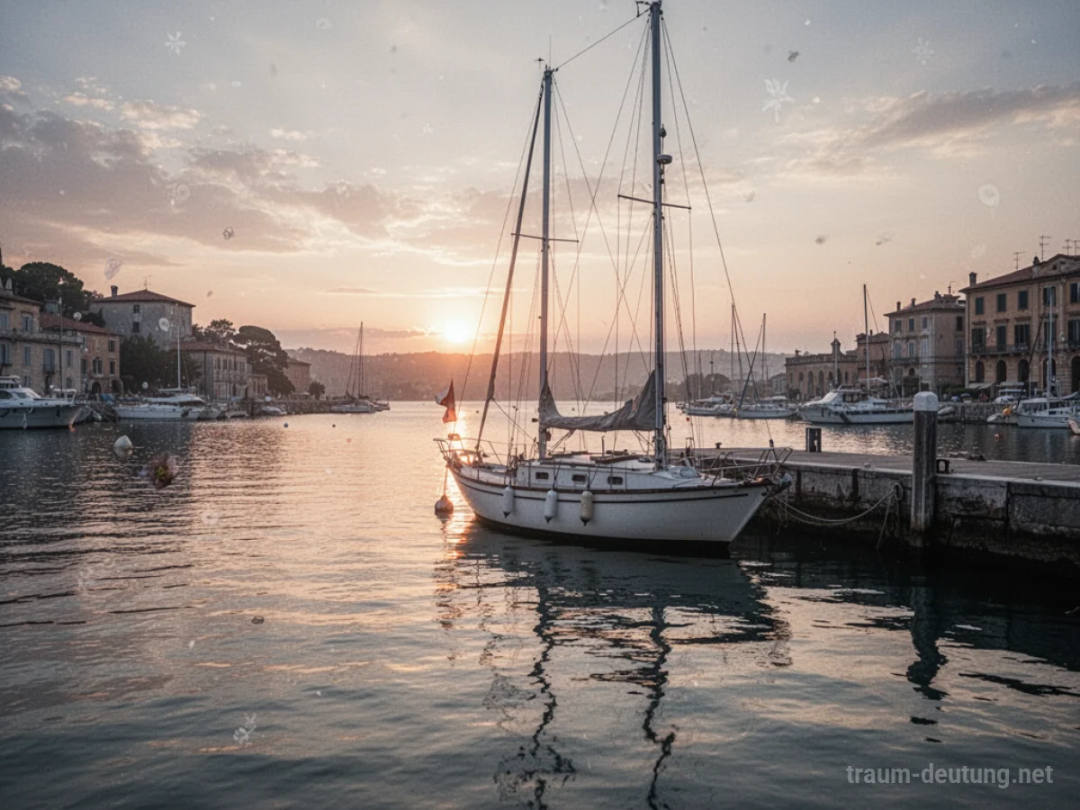 Ein Segelschiff liegt friedlich in einem Hafen vor Anker, während die Sonne untergeht.