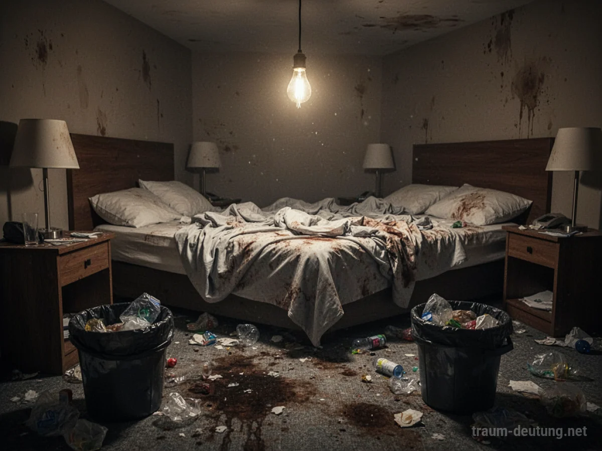 Ein unordentliches und schmutziges Hotelzimmer mit zerwühltem Bett und Flecken auf dem Teppich.