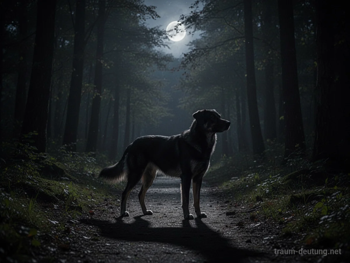 Schatten eines schwarzen Hundes im dunklen Wald