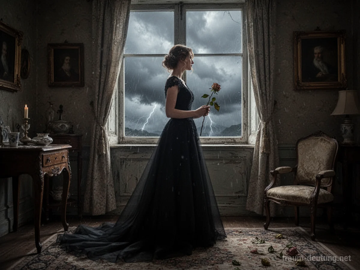 Frau in schwarzem Hochzeitskleid blickt aus Fenster auf Sturm