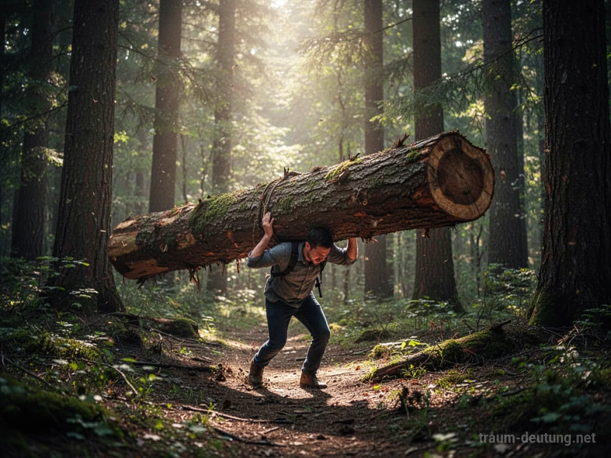 Person trägt einen schweren Holzstamm durch einen Wald.