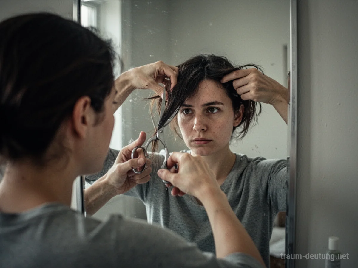 Eine Person schneidet sich im Traum selbst die Haare vor einem Spiegel.