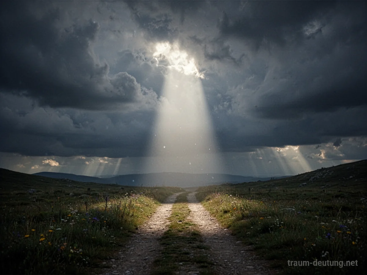Ein Lichtstrahl durchbricht dunkle Wolken und beleuchtet einen Weg.
