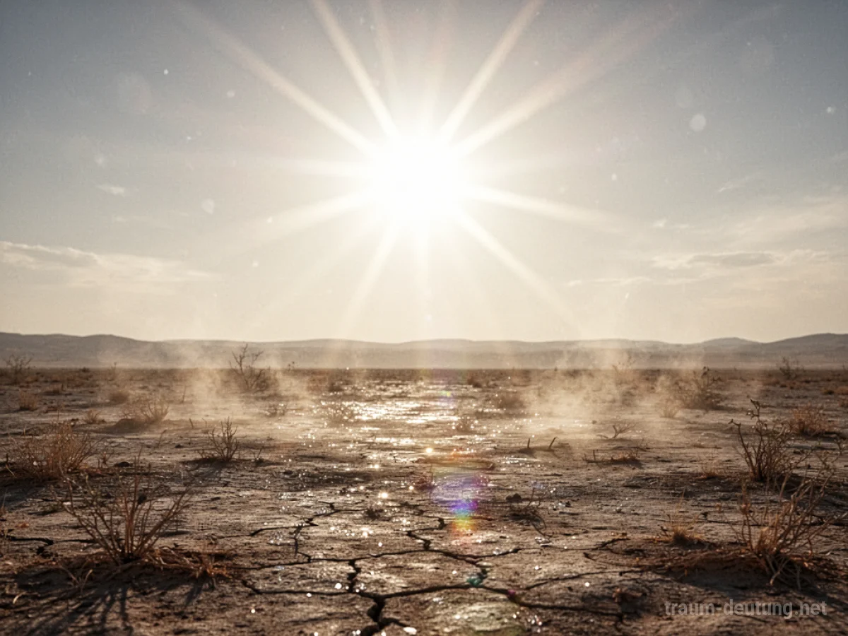 Eine strahlende Sonne brennt mit intensiven Strahlen auf eine trockene Landschaft herab.