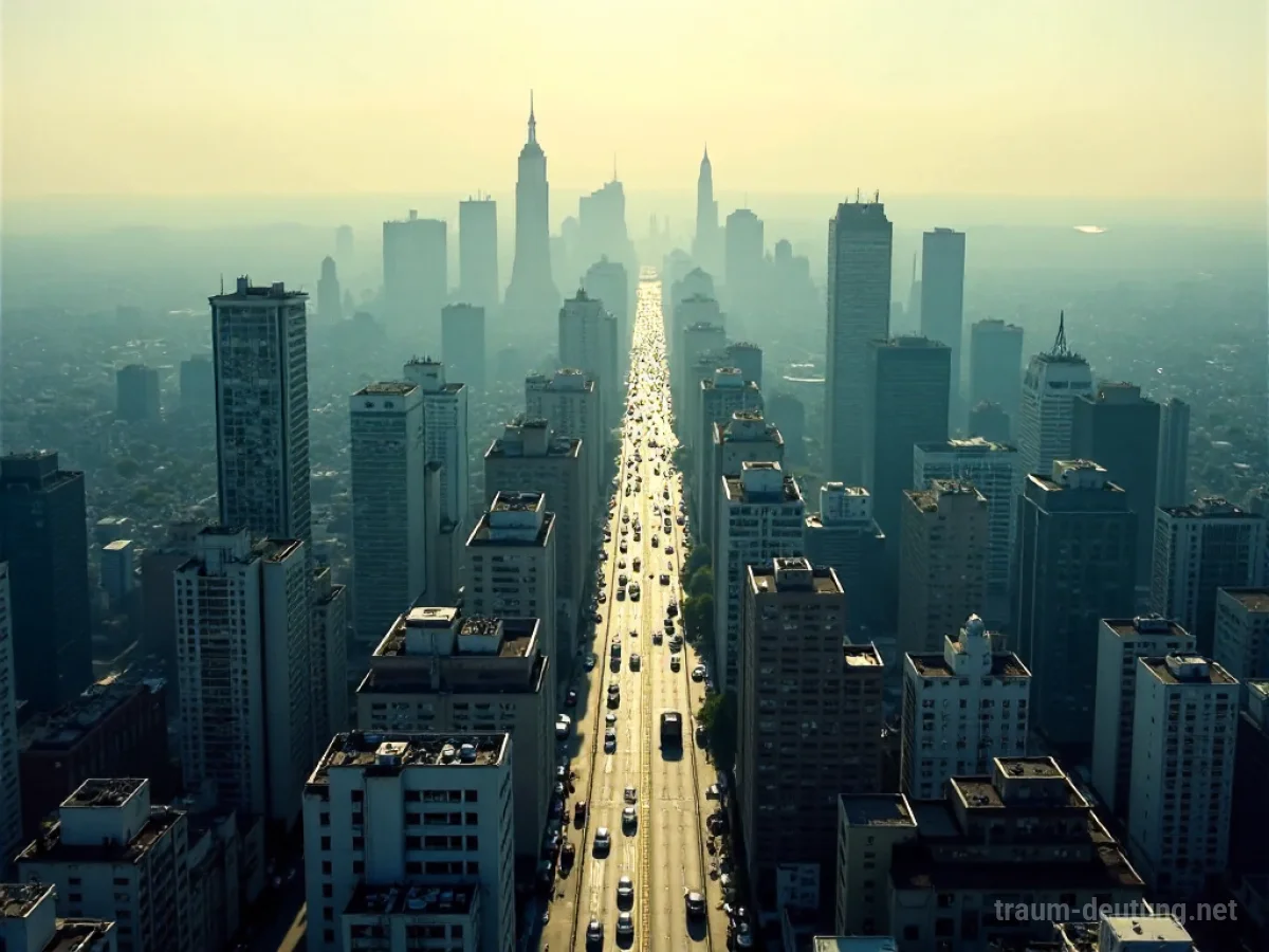 Blick aus großer Höhe auf eine Stadt mit kleinen Gebäuden und Straßen.