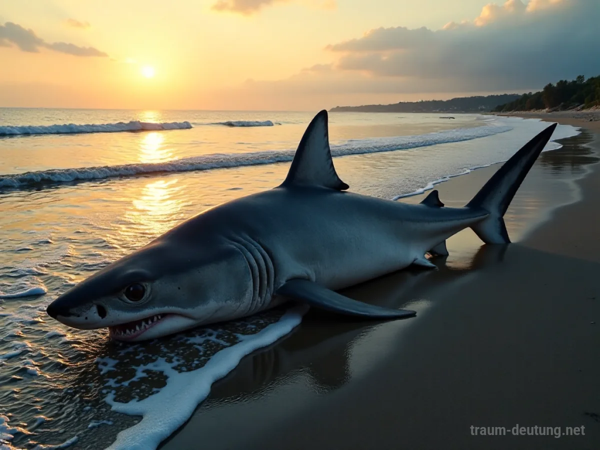 Toter Hai liegt am Strand, sanfte Wellen umspülen ihn im Abendlicht.
