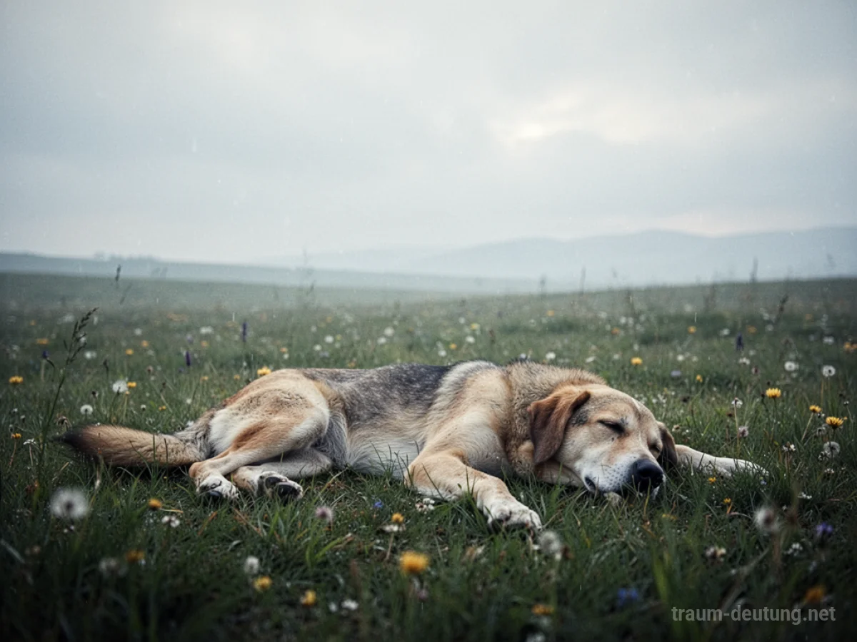 Ein toter Hund liegt friedlich auf einer Wiese.