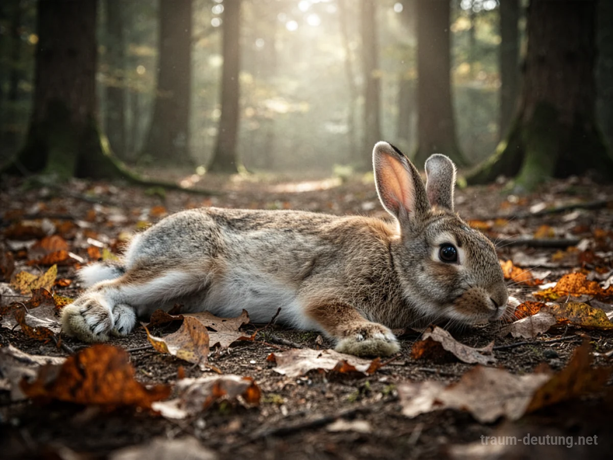 Ein toter Hase liegt still im Laub eines Waldes.