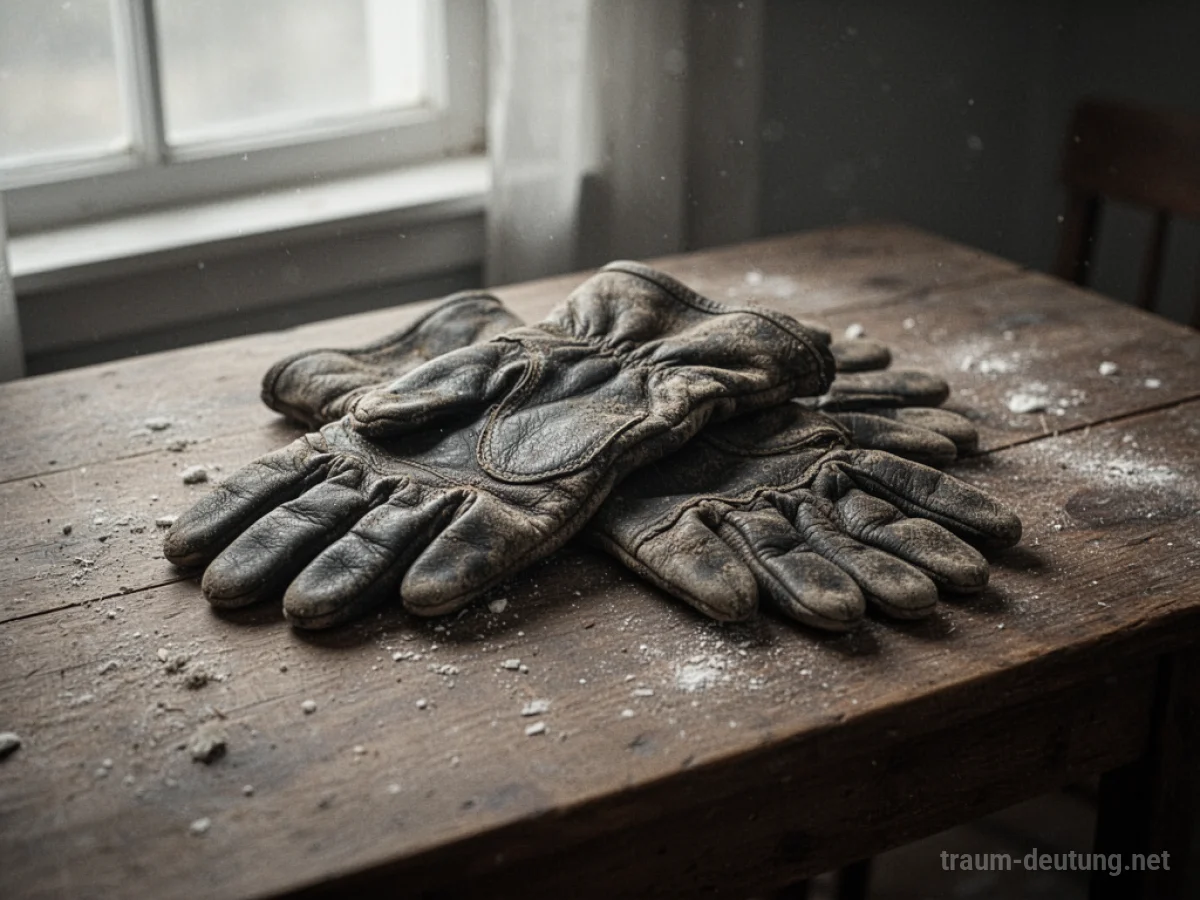 Alte, abgetragene Handschuhe liegen auf einem Holztisch.