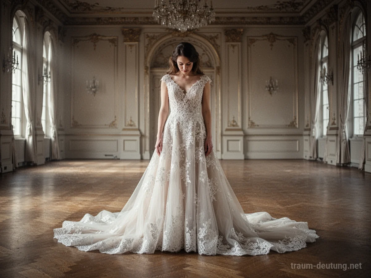 Eine Frau in einem zu großen Hochzeitskleid steht in einem leeren Raum.