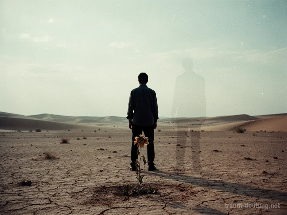 Silhouette einer Person in einer weiten, leeren Wüstenlandschaft mit einer einzelnen, welken Blume.