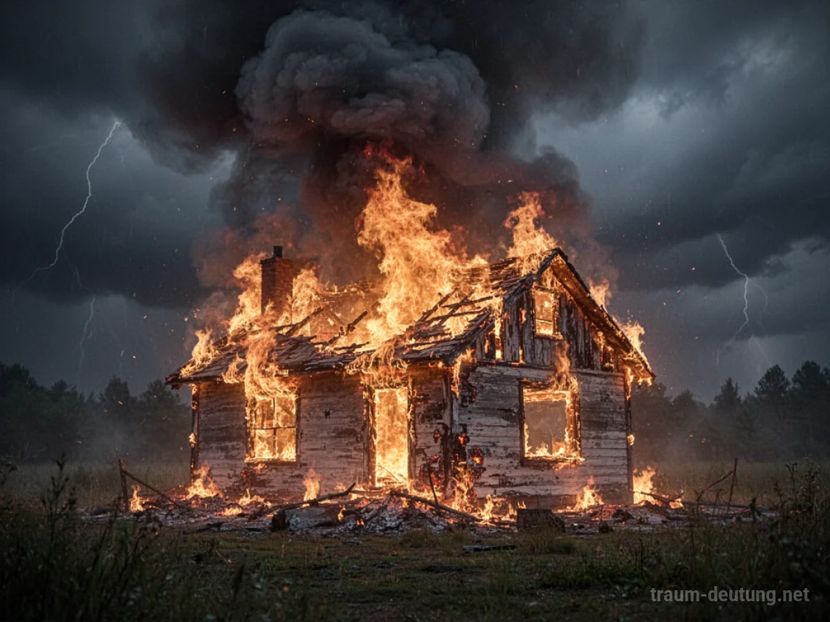 Ein Haus steht in Flammen unter einem dunklen Himmel