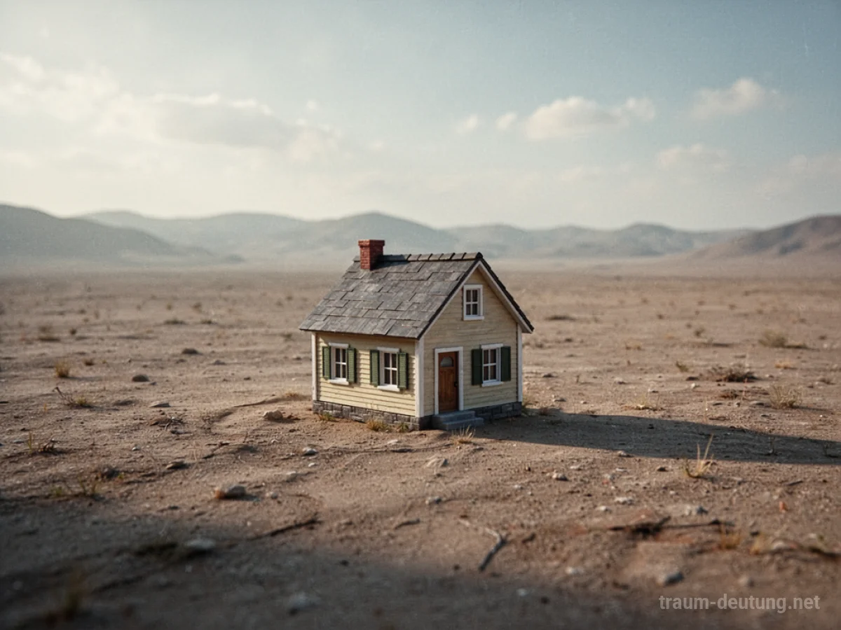 Ein winziges Haus in einer weiten, leeren Landschaft, das im Traum erscheint.