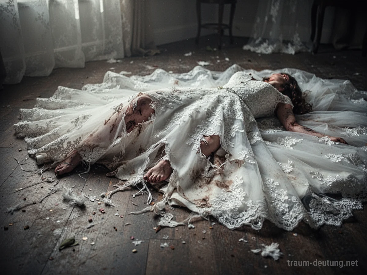 Ein zerrissenes Hochzeitskleid liegt auf dem Boden.