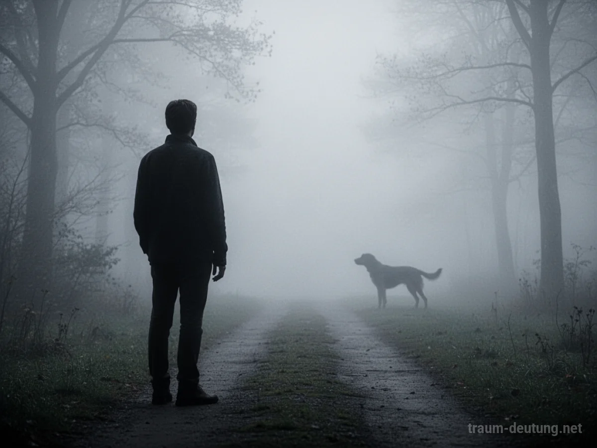 Silhouetten von Mensch und Hund, die sich im Nebel trennen