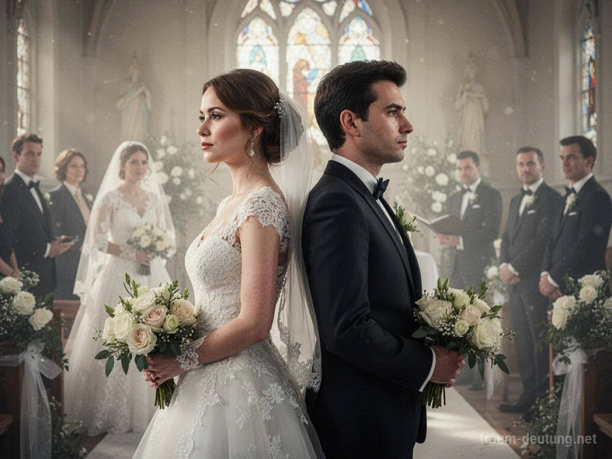 Paar in Hochzeitskleidung steht Rücken an Rücken, Blick in entgegengesetzte Richtungen.