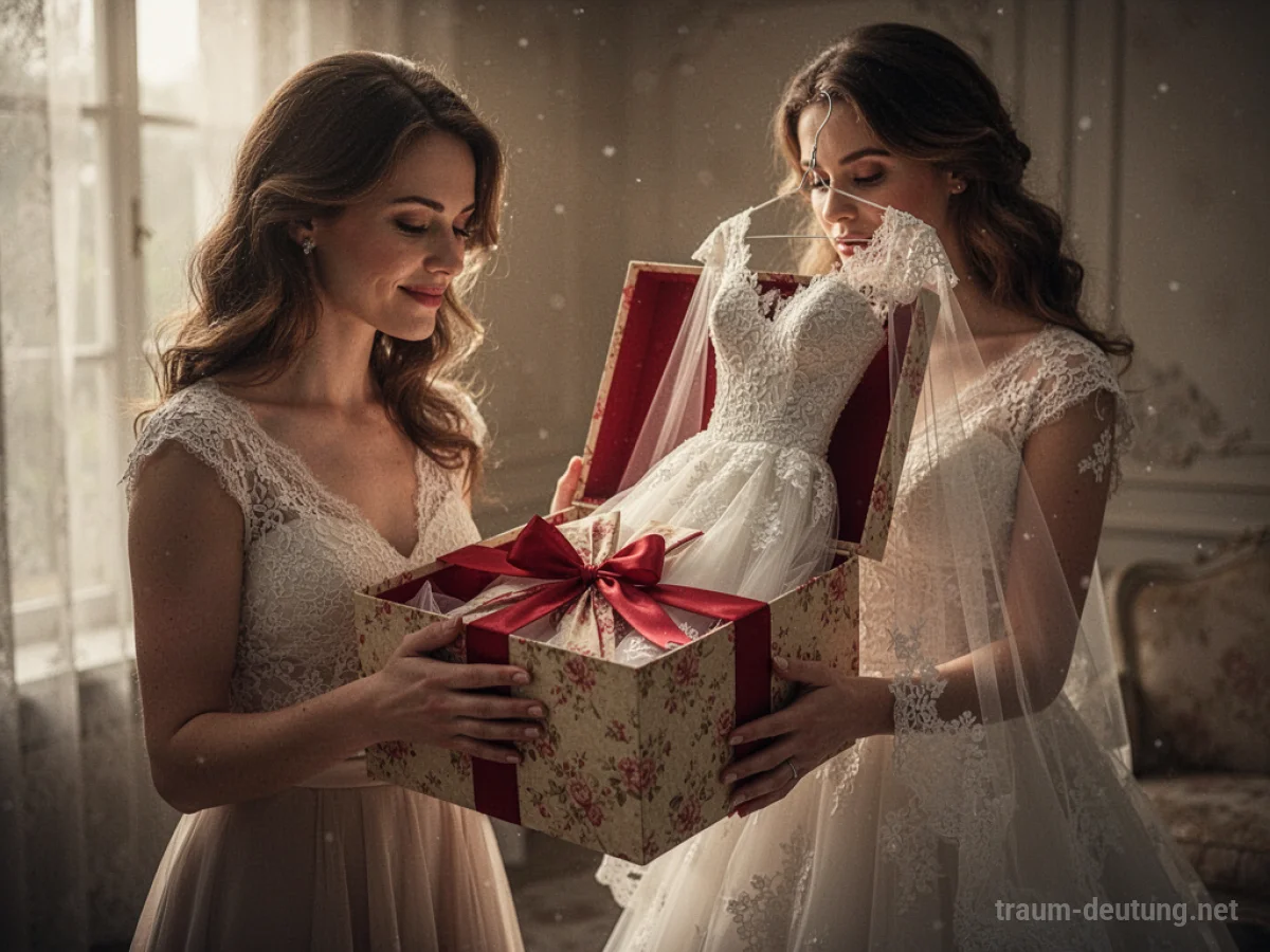 Eine Frau erhält eine geschenkte Hochzeitskleid-Verpackung.