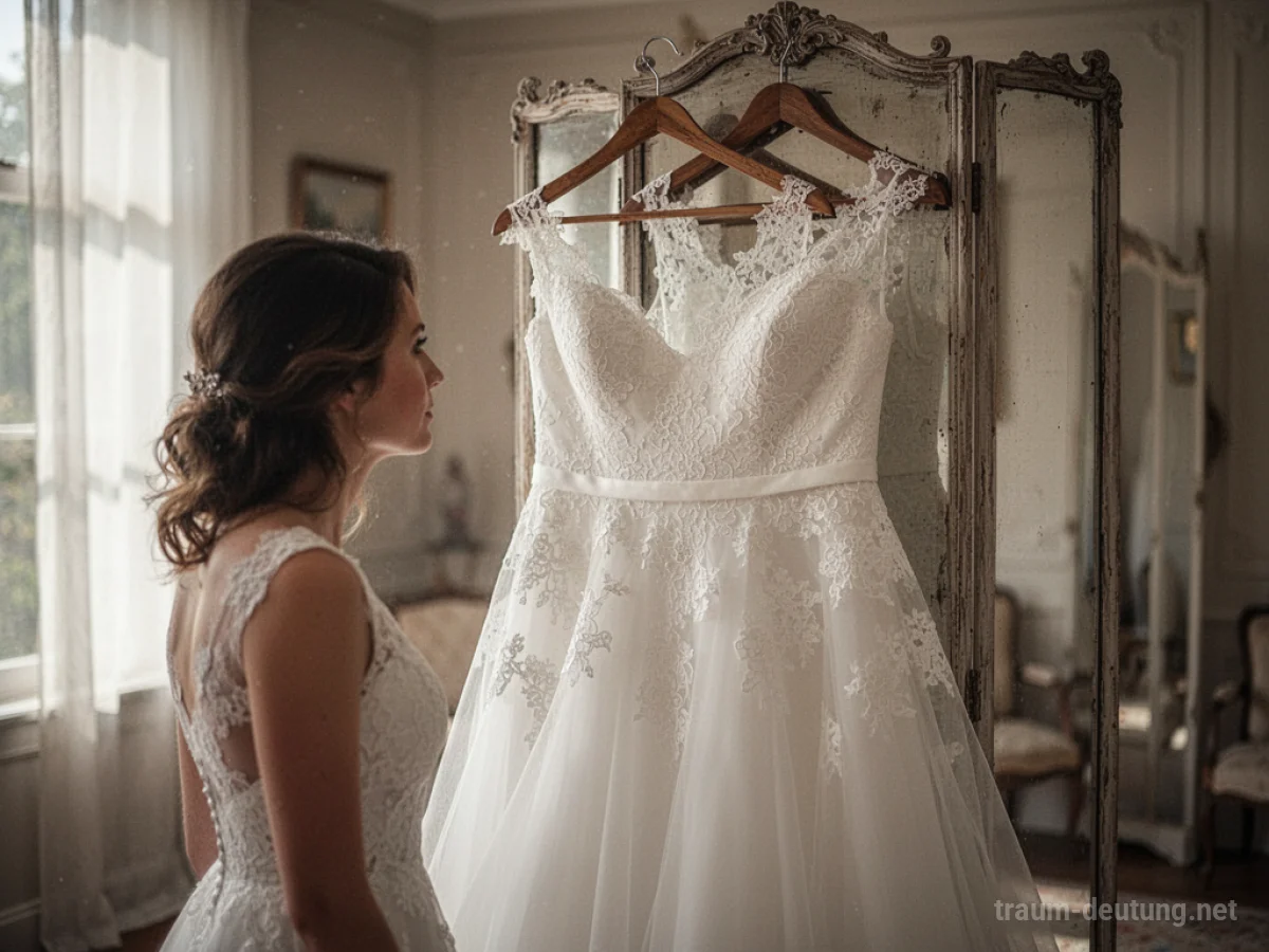 Ein strahlendes weißes Hochzeitskleid hängt an einem Kleiderbügel in einem hellen Raum.