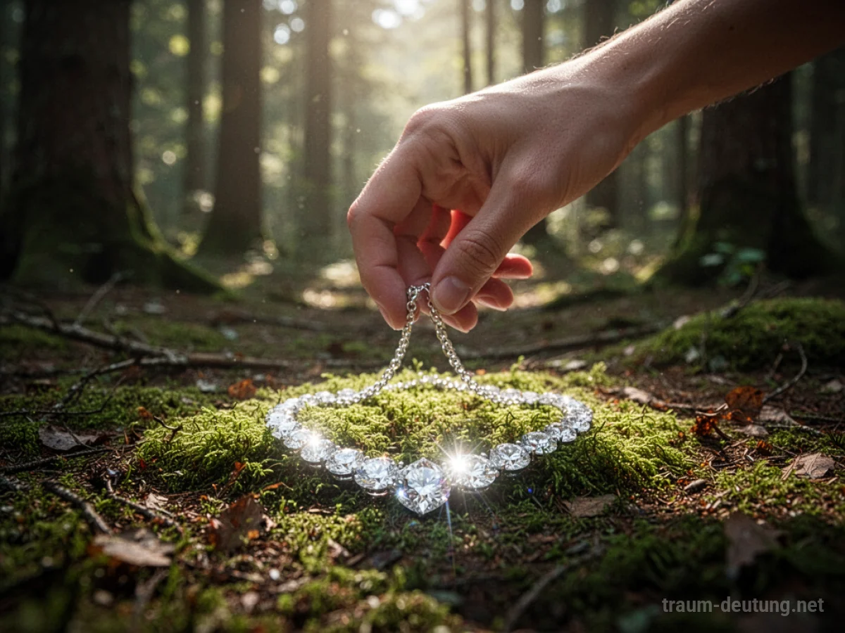 Hand findet eine glänzende Halskette auf waldboden