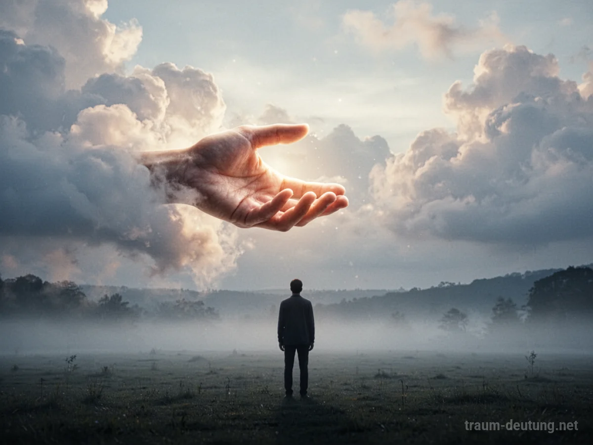 Eine helfende Hand reicht aus den Wolken zu einer Silhouette.