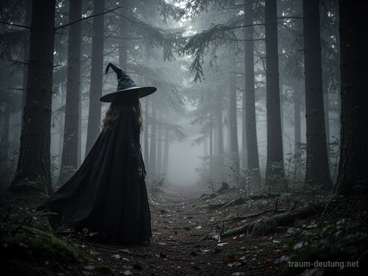 Schattenhafte Figur einer Hexe beobachtet aus der Ferne im Nebelwald.