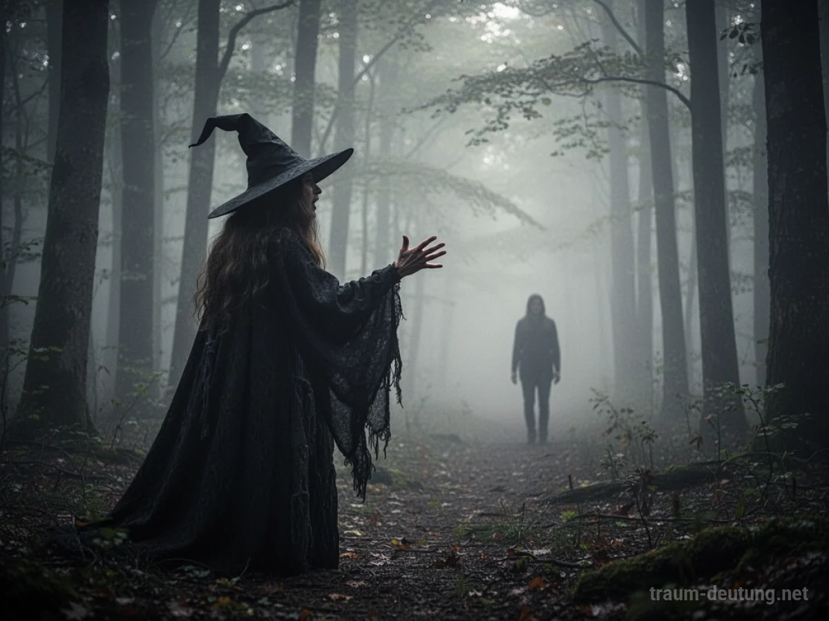 Eine Hexe ruft im Traum den Namen einer Person, die im Nebel steht.