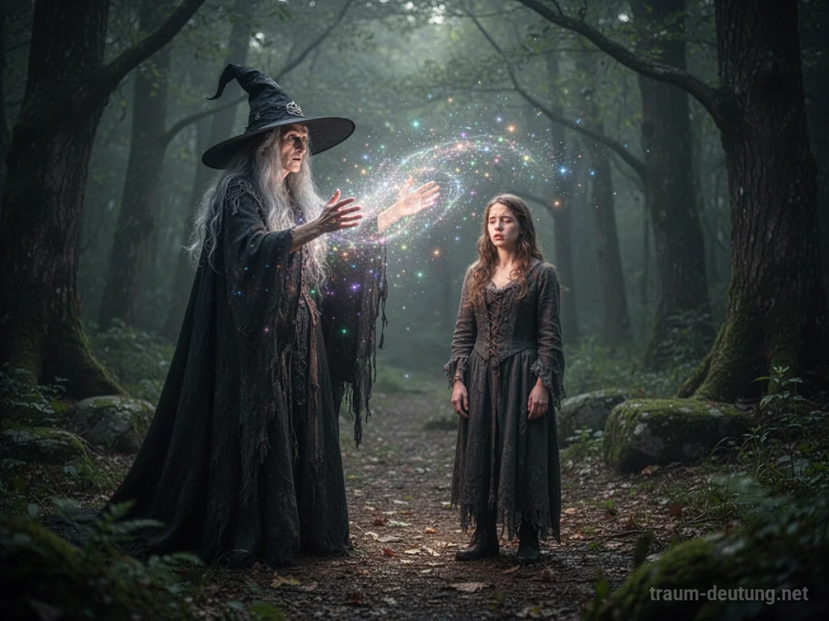 Eine mystische Figur, die einer Hexe ähnelt, verzaubert eine Person in einem dämmrigen Wald.