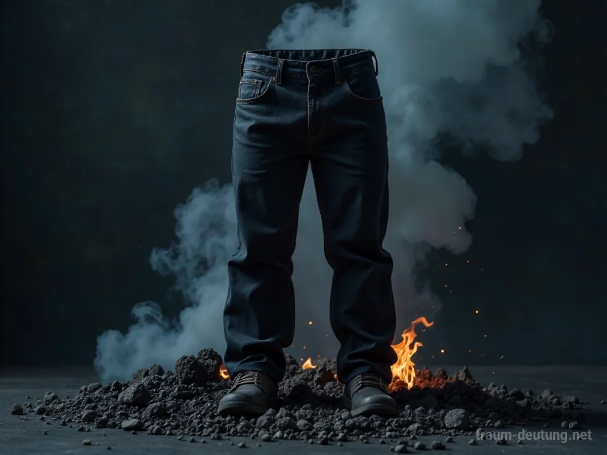 Eine Hose zerfällt zu Asche und Rauch vor einem dunklen Hintergrund
