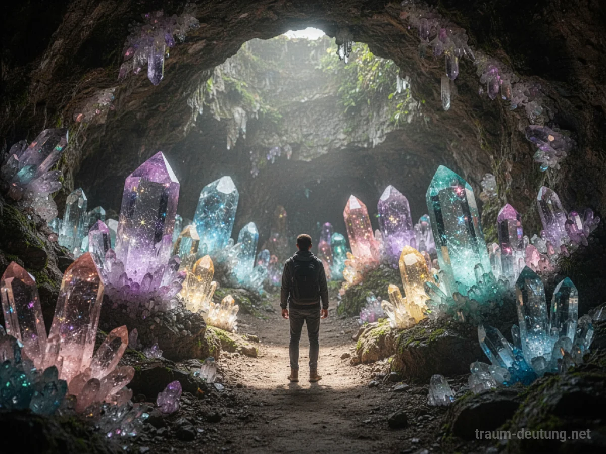 Person steht am Eingang einer leuchtenden Kristallhöhle