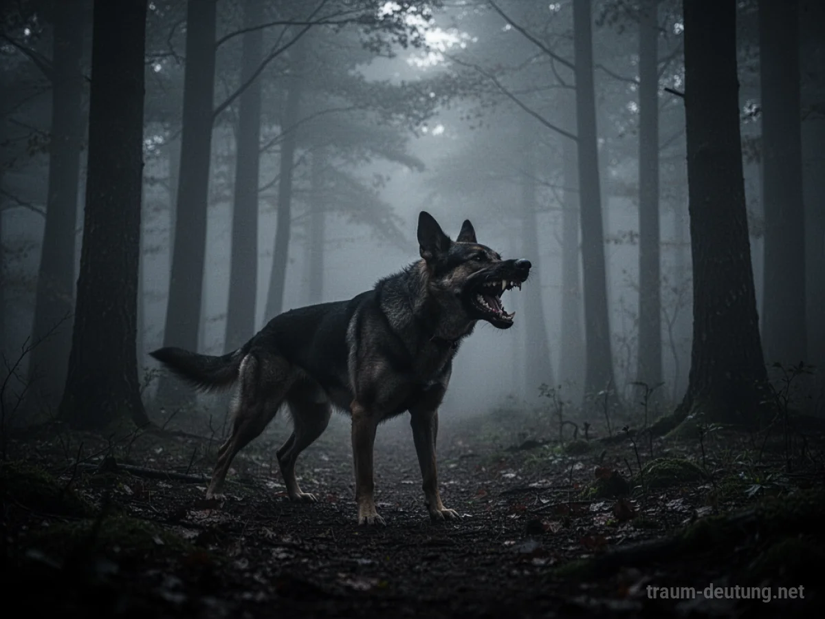 Schatten eines aggressiven Hundes im Nebelwald.